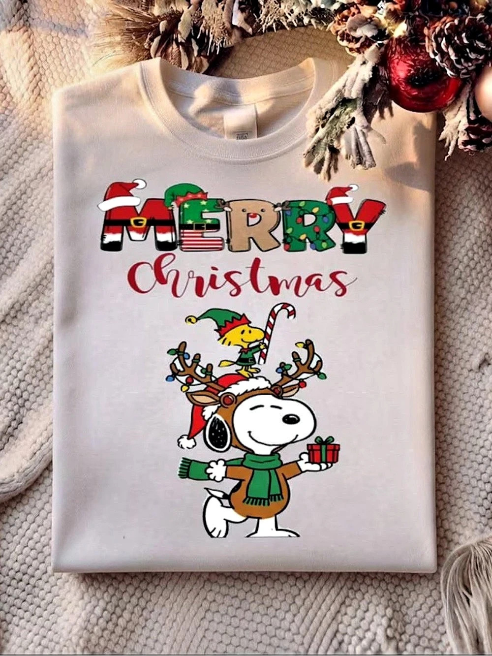 Christmas Cute Dog T-Shirt, White Colorful Christmas Graphic Tee